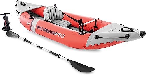 INTEX 68303EP Excursion Pro K1 Inflatable Kayak Set: Includes Deluxe 86in Aluminum Oars and High-Output Pump – SuperTough PVC – Adjustable Bucket Seat – 1-Person – 220lb Weight Capacity