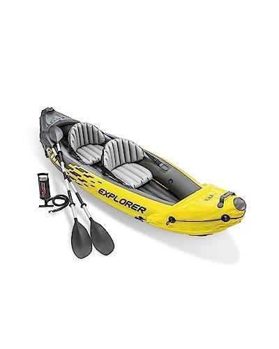 Explorer K2 Inflatable Kayak Set: Includes Deluxe 86in Aluminum Oars and High-Output Pump – SuperStrong PVC – Adjustable Seats with Backrest – 2-Person – 400lb Weight Capacity
